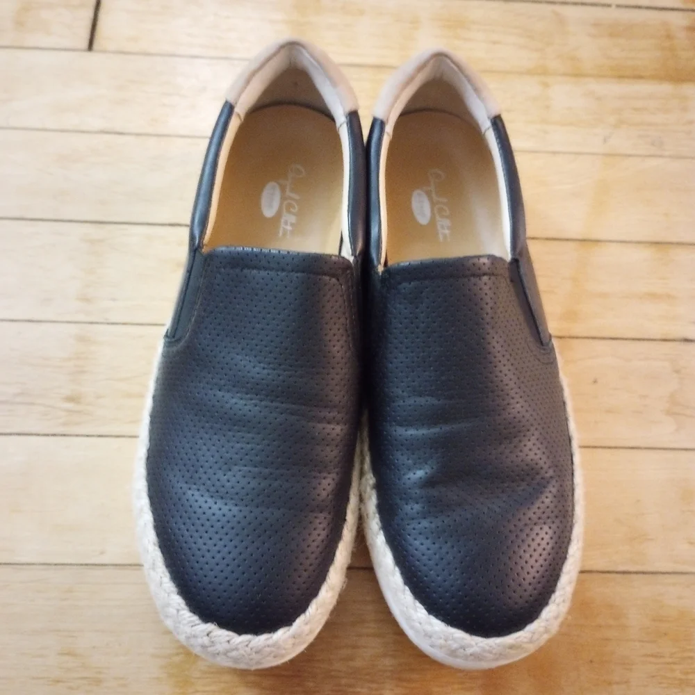Dr. Scholl's Scout Jute Black Cream Leather Slip-On Espadrilles Shoes Women 8
